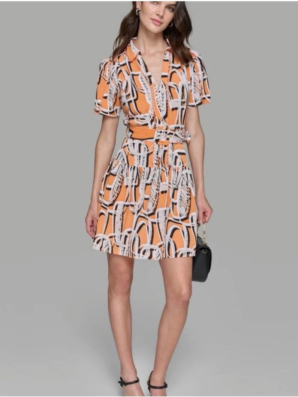 Karl Lagerfeld Paris Short Sleeve Printed Shirt Dress Tangerine Sz 8
